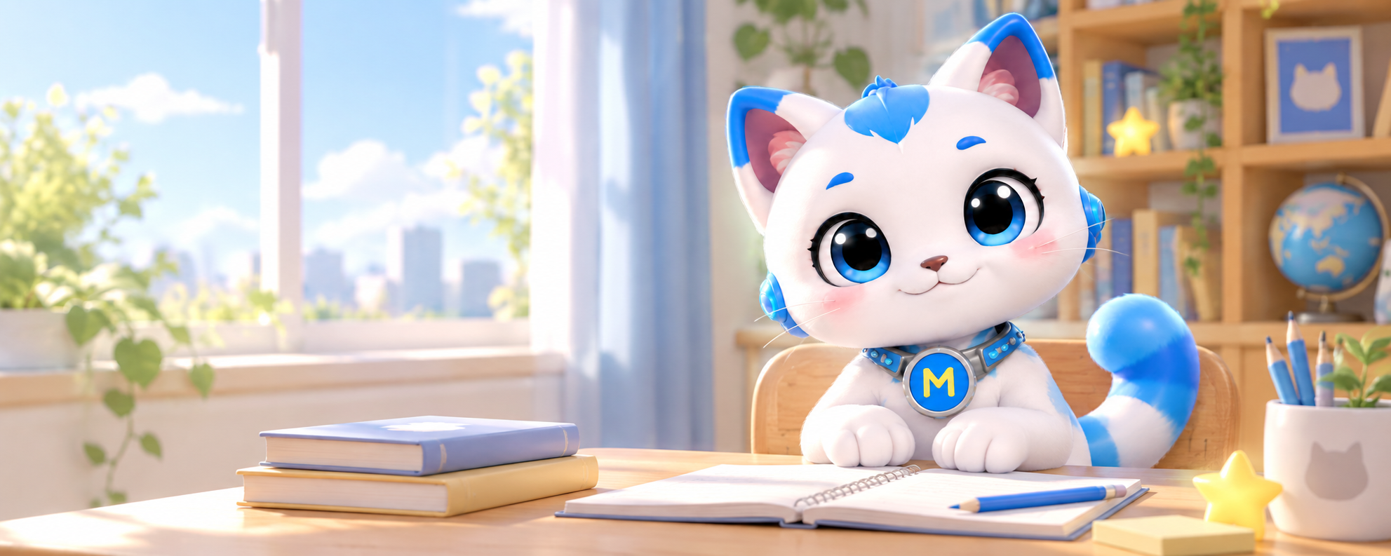Mino AI学习陪伴猫在书桌旁欢迎家长